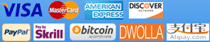 We accept Visa, Amex, Discover, Mastercard, PayPal, Bitcoin, and Skrill and AliPay